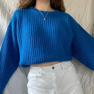 London fog royal blue sweater top size large vintage knit crew neck cardigan